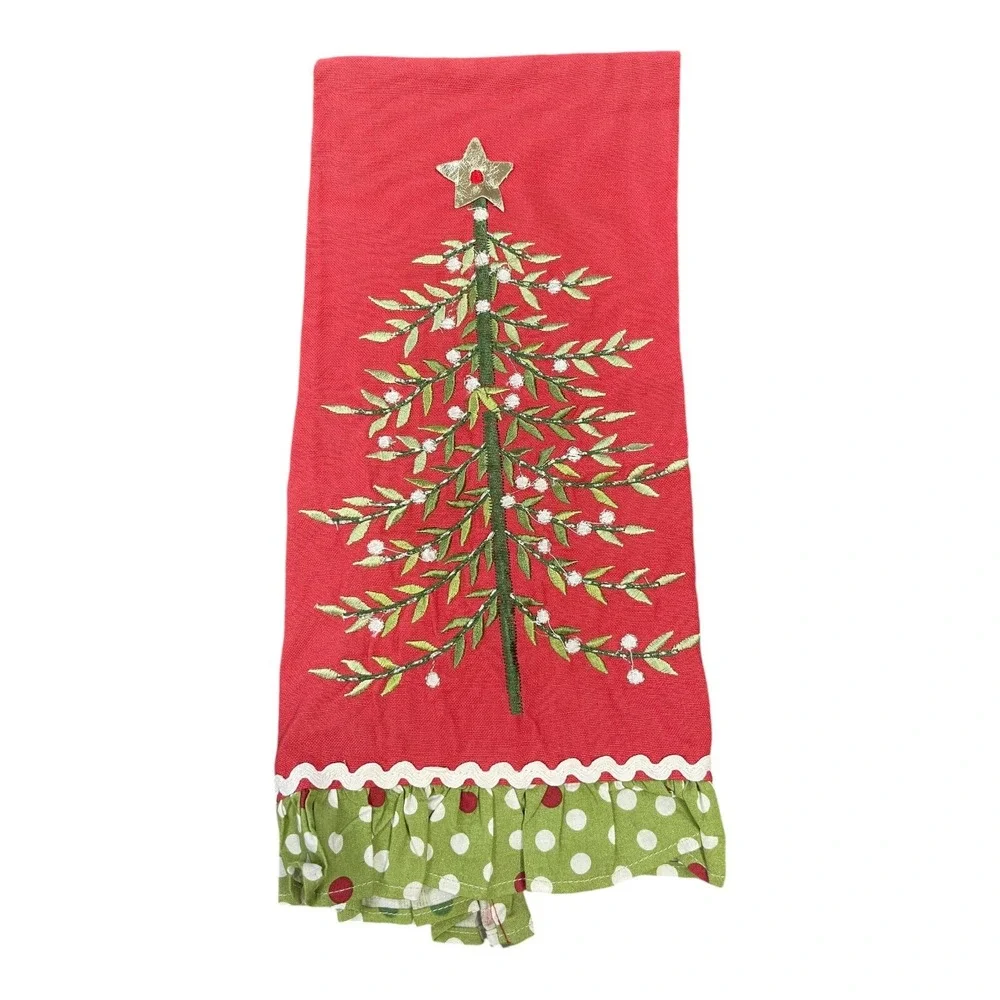 VTG Pier 1 Imports 100% Cotton Red Green White Christmas Tree Polkadot Tea Towel
